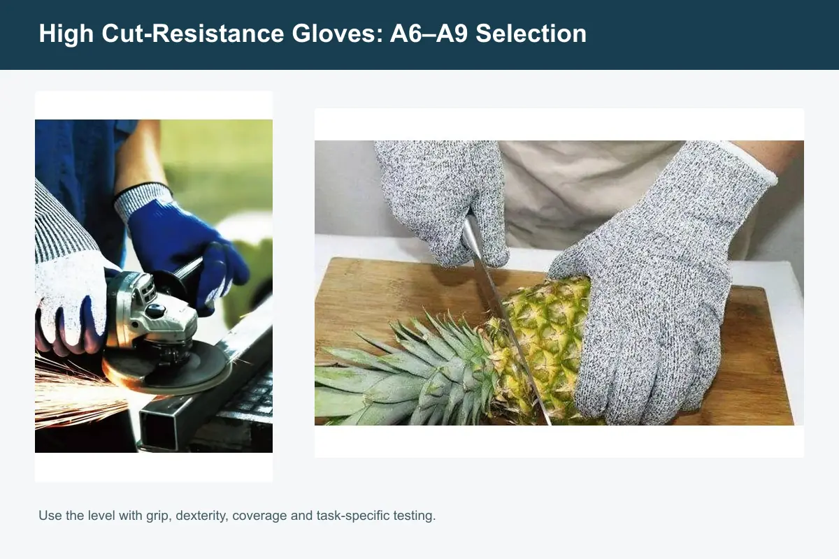 Everpro high cut-resistant gloves shown in metalworking and food handling applications