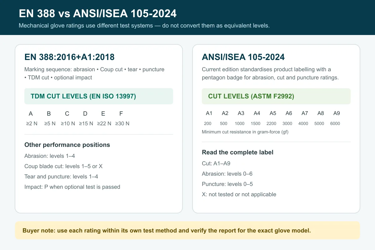 EN 388 and ANSI ISEA 105-2024 glove cut rating comparison