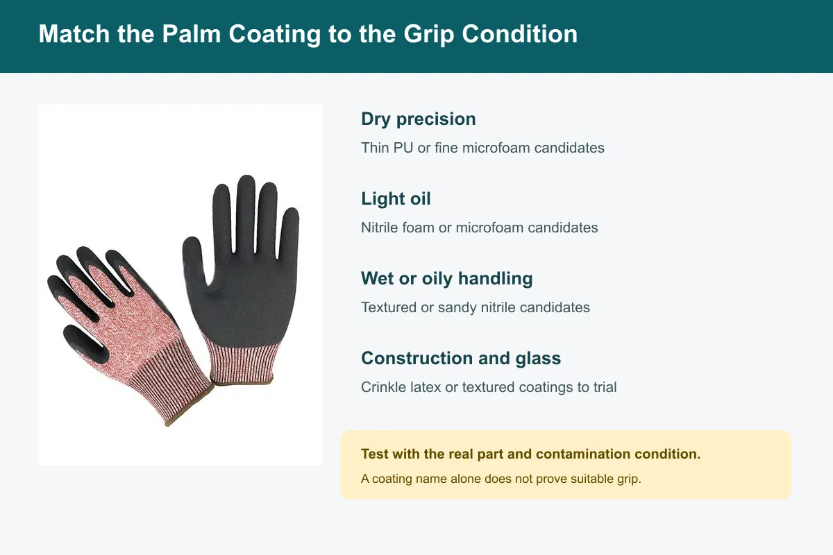 Cut-resistant glove coating selection for dry wet and oily grip