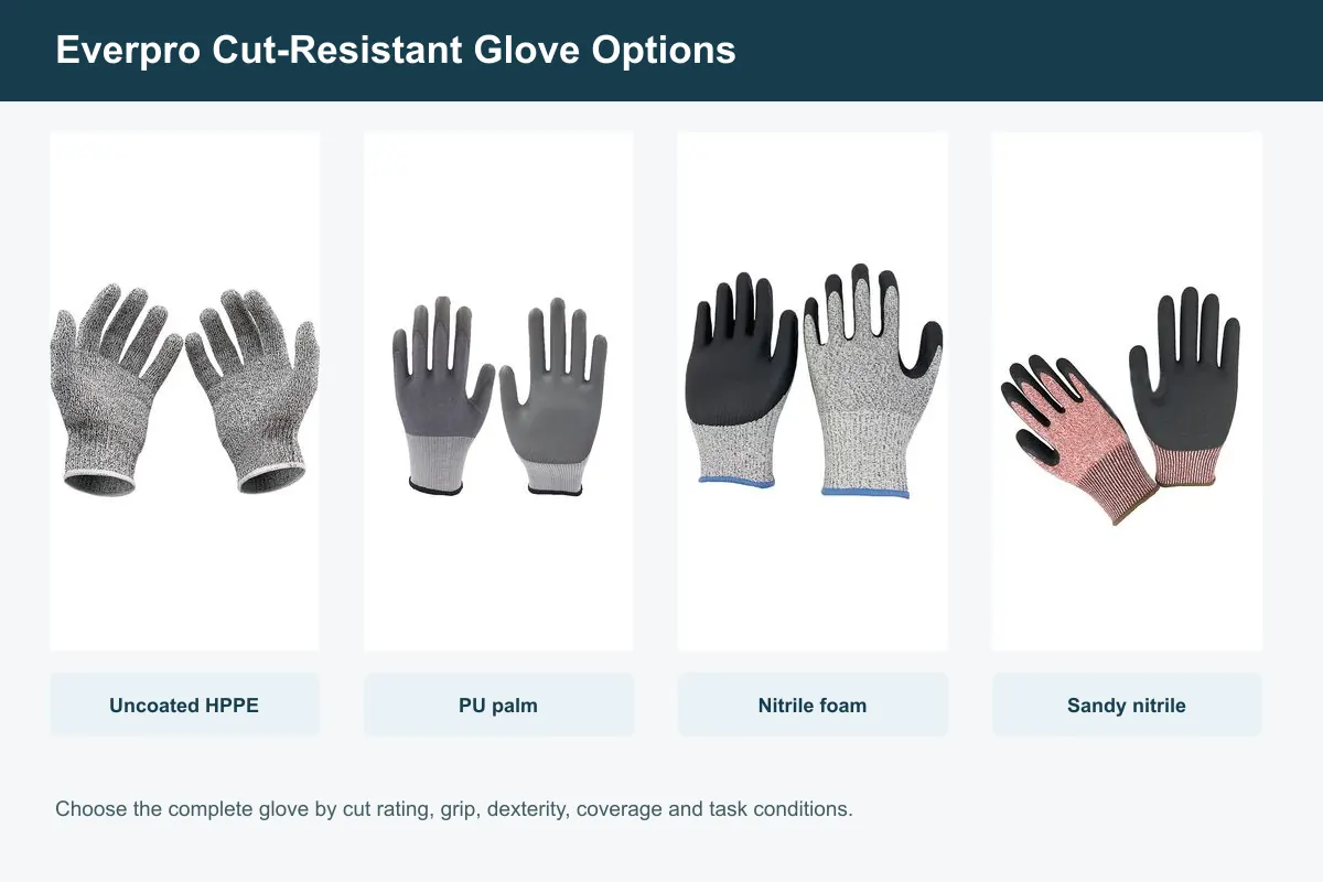 Everpro cut-resistant glove options with PU nitrile foam sandy nitrile and uncoated liners