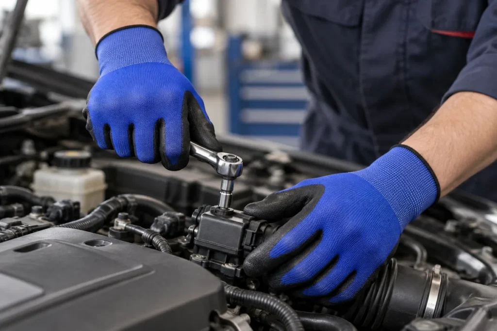 Blue and black polyurethane palm-coated gloves PU201-auto-repair