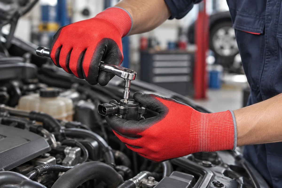Red Nylon PU-Coated Precision Work Gloves pu202-auto-maintenance