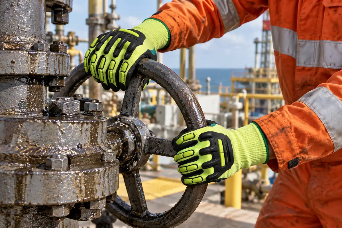 High-Visibility ANSI A5 Sandy Nitrile Cut-Resistant Injected TPR Impact work Gloves (TPR-202)-oilfield-valve-handling