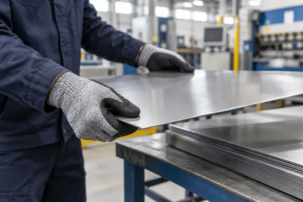 Worker wearing gray A4 cut-resistant gloves while handling a sheet-metal component