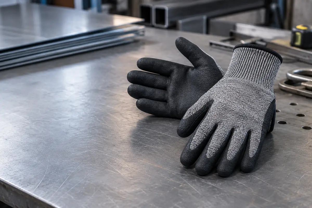 ANSI A4 cut-resistant gloves with a sandy nitrile palm coating on a metal fabrication workbench