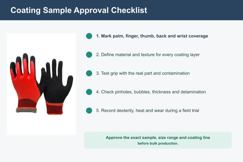 Purchasing checklist for approving palm coated, fully coated and double dipped work glove samples