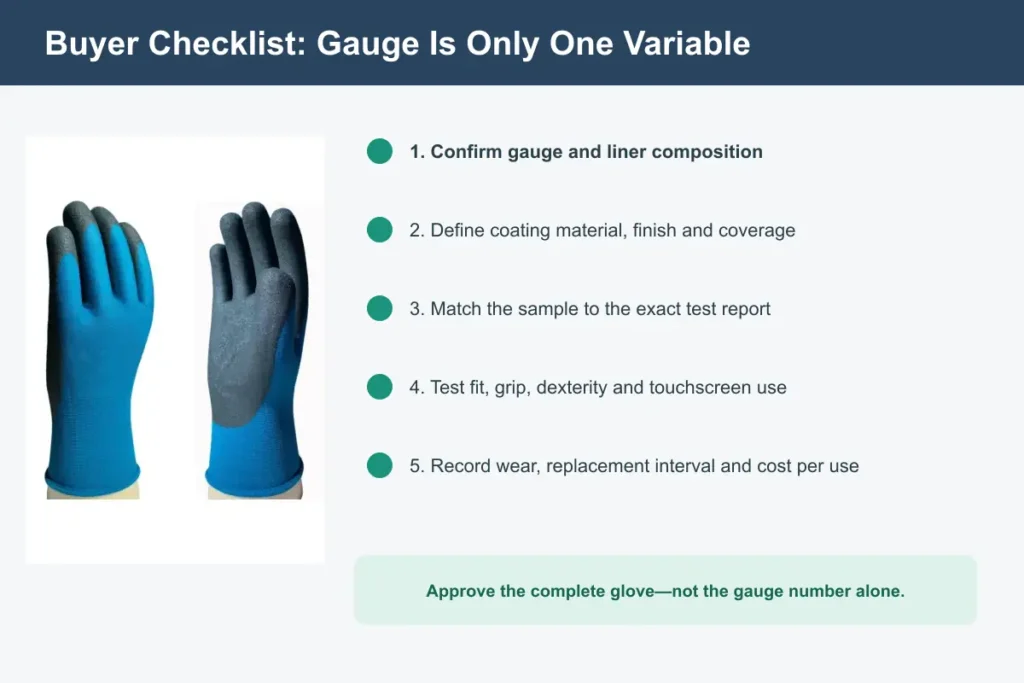 Buyer checklist for comparing work glove gauge liner coating fit testing and field trial