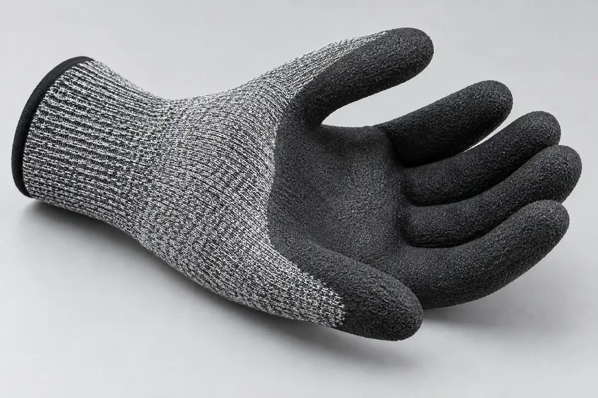 Close-up texture of an HPPE cut-resistant glove with a black sandy nitrile palm coating