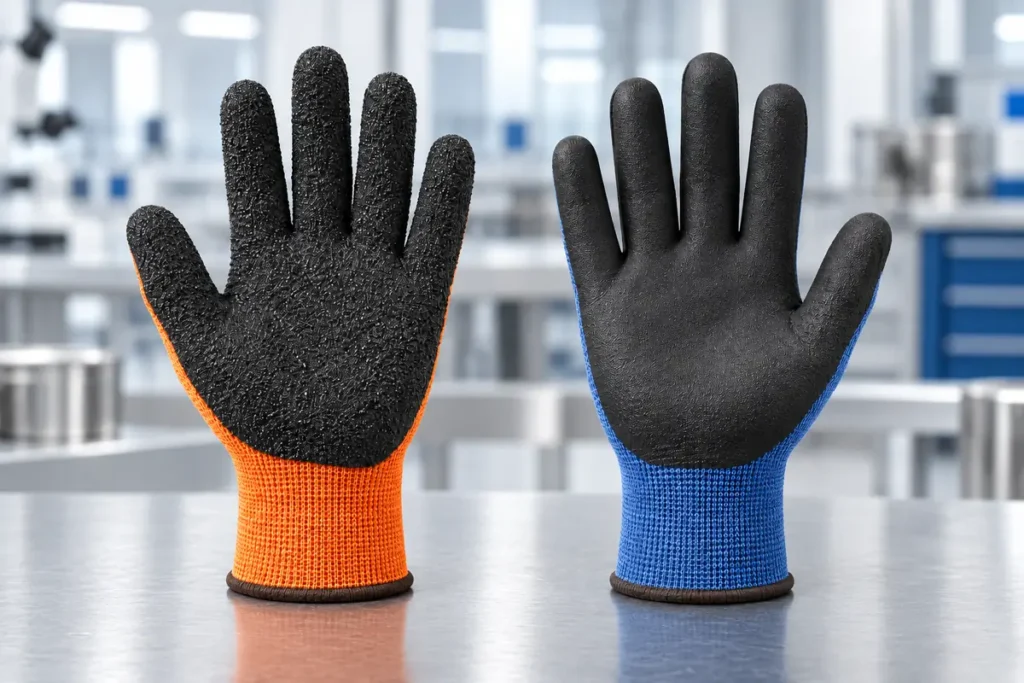 Sandy nitrile vs foam nitrile gloves with visibly different palm textures
